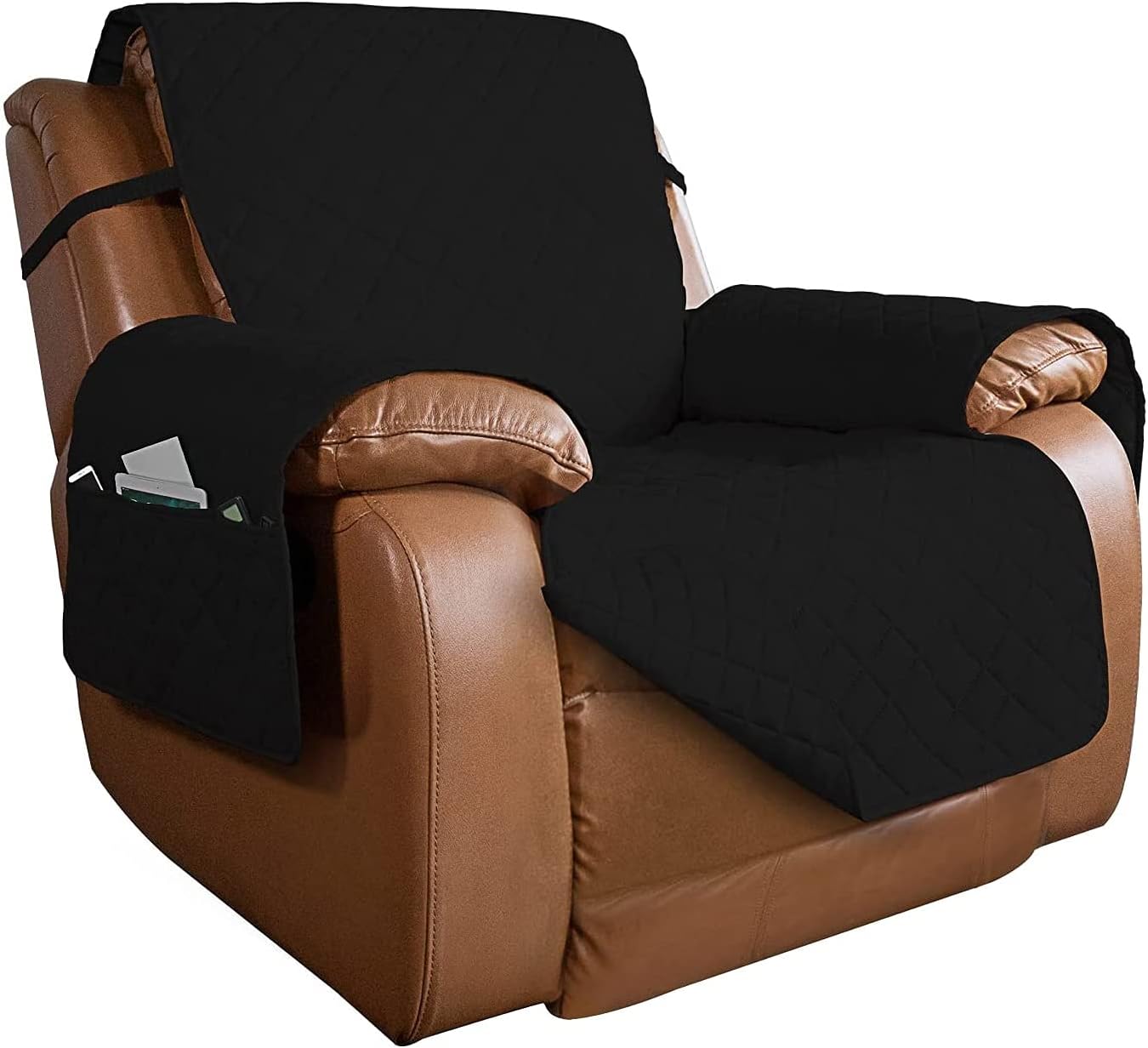 PureFit Reversible Quilted Oversized Recliner Sofa Cover, Water Resistant Furniture Protector, Washable Couch Cover with Elastic Straps for Kids, Pets (Large, Black/Black)