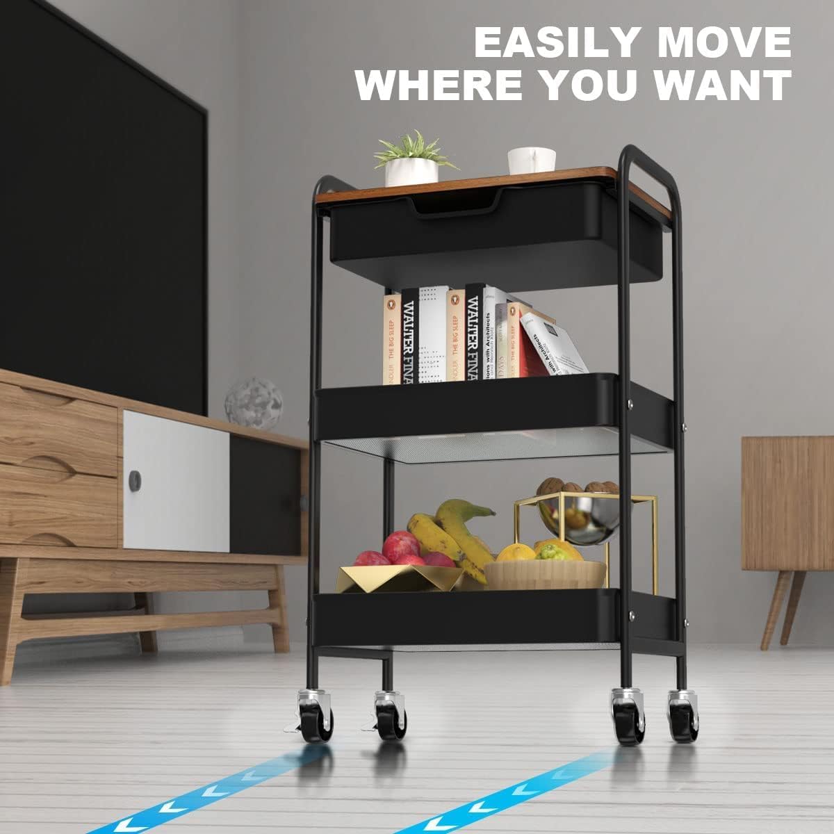 3 Tier Rolling Cart with Drawer, Metal Utility Cart on Wheels Storage Cart with Wood Top, Kitchen Cart Art Cart Organizer for Bathroom Office Balcony Living Room