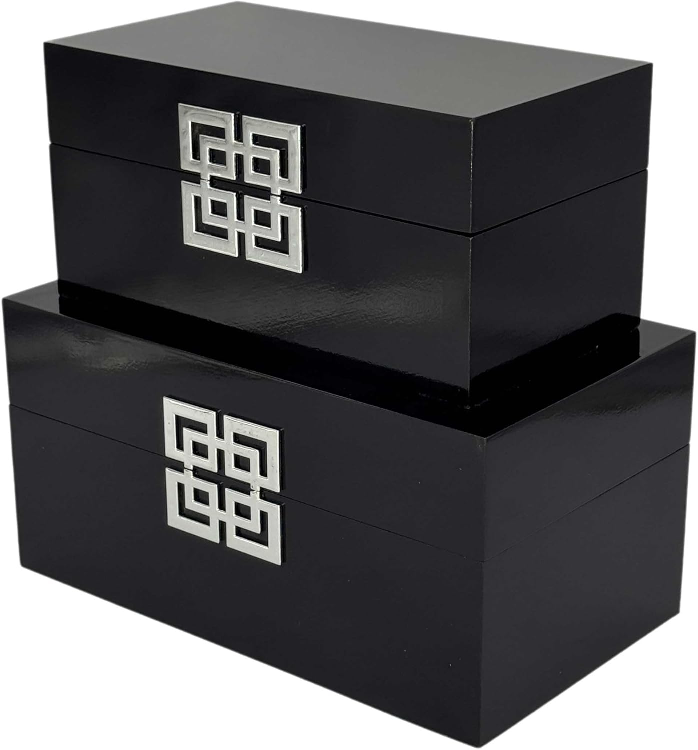 Galt International Storage Box Set Decorative Storage Box w/Hinged Lid Classic Design Wood Decor Boxes with Geometric Clasp Storage for Bedroom & Home - Set of 2 (Black & Silver)