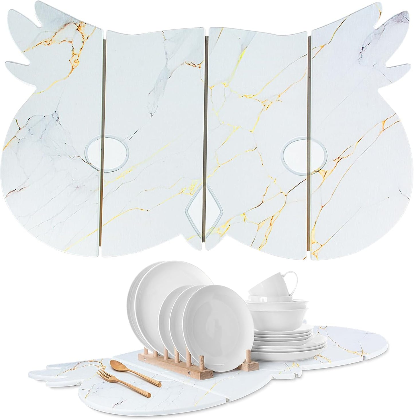 Large Stone Dish Drying Mat for Kitchen Counter,24"(L)×16"(W) Quick Dry Absorbent Diatomaceous Earth Dish Drying Mats,Owl Shape Design Drying Pads for Cups Dishes Bottles (White)