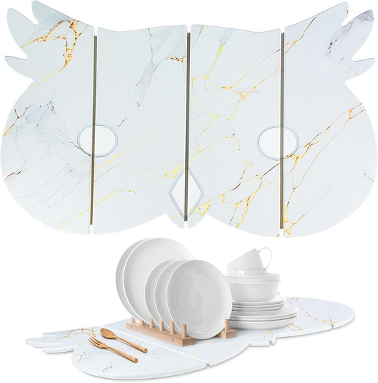 Large Stone Dish Drying Mat for Kitchen Counter,24"(L)×16"(W) Quick Dry Absorbent Diatomaceous Earth Dish Drying Mats,Owl Shape Design Drying Pads for Cups Dishes Bottles (White)