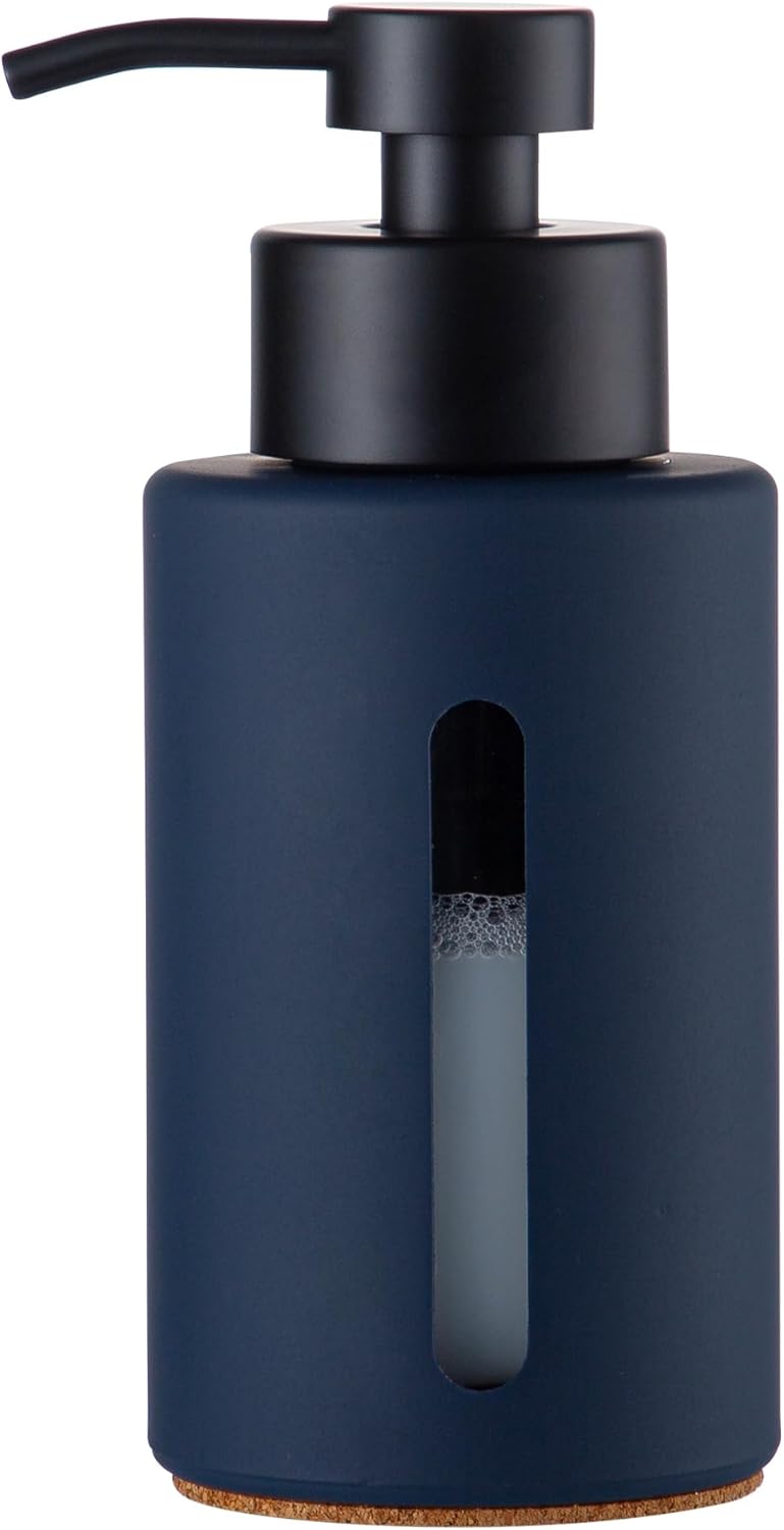 Enra Glass Hand Soap Dispenser,12oz Navy Blue Liquid Bathroom Soap Dispenser with Stainless Steel Lotion Pump for Bathroom Kitchen (Blue)