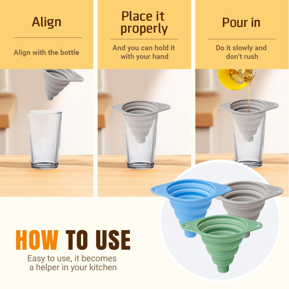 Kitchen Funnel Set, Wide-Mouth Foldable and Telescopic Design, Liquid Separation Funnel, Silicone (3 pcs)