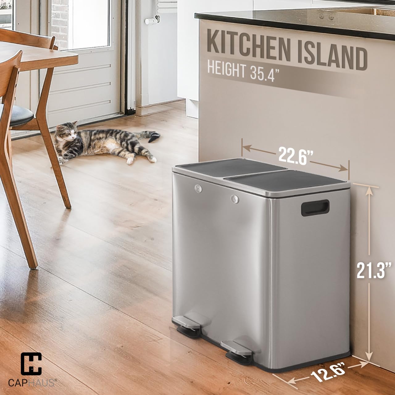CAPHAUS Dual Trash Can with Double Lid, Trash and Recycle Bins Combo, Hands-free Stainless-Steel Garbage Can for Kitchen, with 2 Compartment, Hinged Lid, Odor Filters, Handles, 25L+25L, 2 x 6.6 Gallon