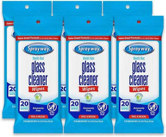 Sprayway Glass Cleaner Wipes, 20ct, Pack of 12, On-the-Go Resealable Package, Pre-Moistened, Original Ammonia-Free Formula, Removes Fingerprints, Dust, Dirt, All Glass Surfaces, 2 trays per cartons