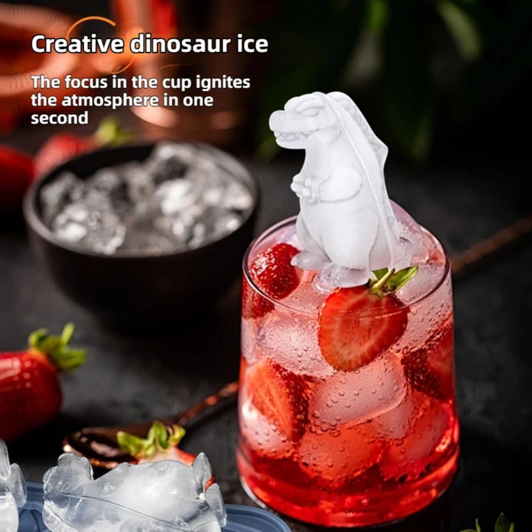 7.48inch Newly Upgraded 4-grid 3D Dinosaur Ice Tray and Covered Silicone Ice Tray, Suitable for Bars, Outdoor and Home Use(1, 3 colors randomly)