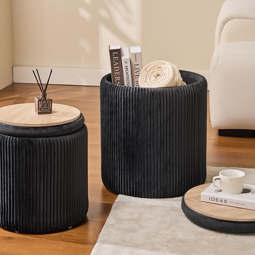 Round Set of 2 Ottoman with Storage-Upholstered Velvet Vanity Stool for Makeup Multifunctional Ottomans Coffee Table Padded Seat Foot Rest for Living Room&Bedroom (Black)