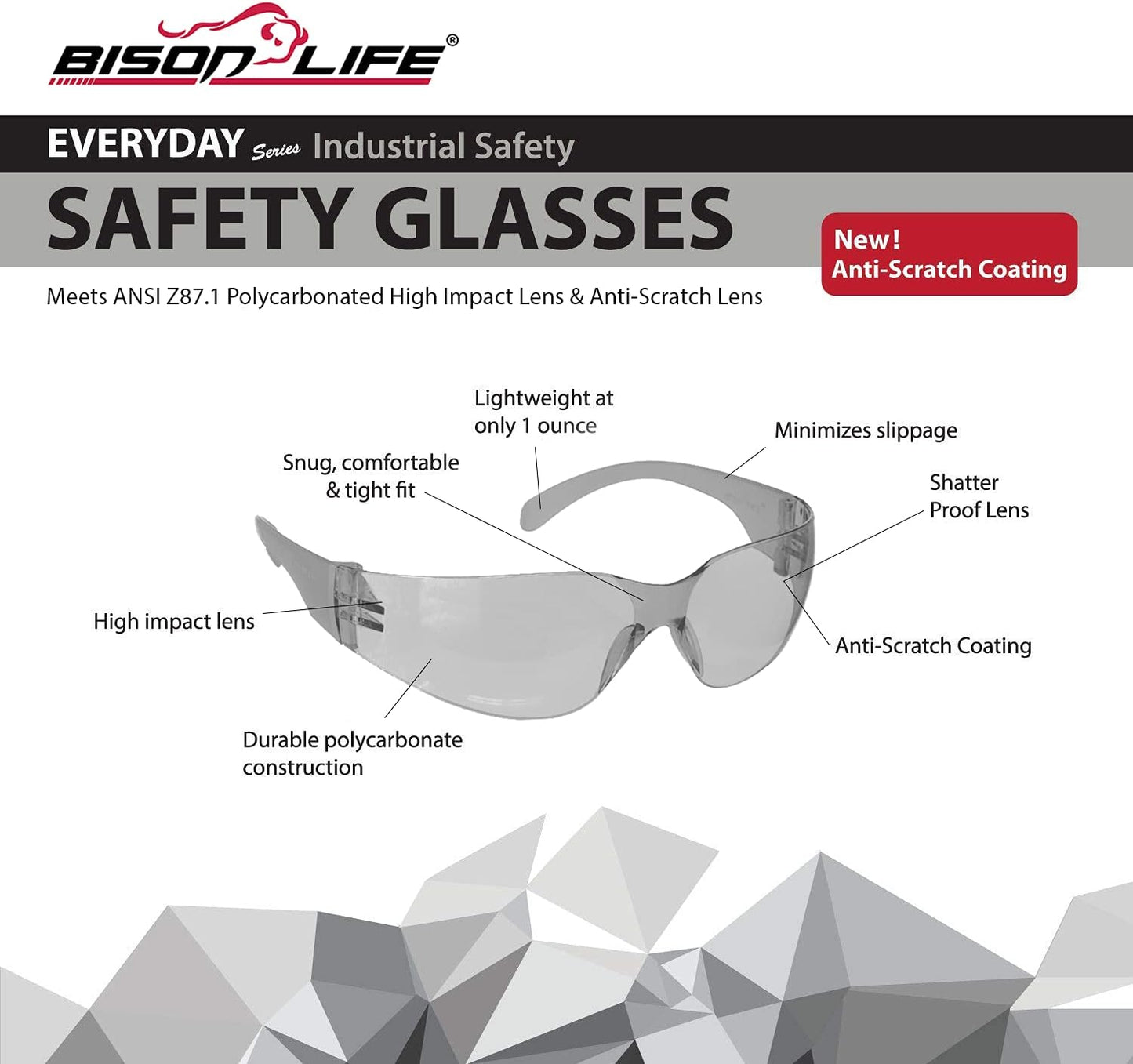 BISON LIFE Safety Glasses - Scratch Resistant Wrap Around Eyewear, Polycarbonate ANSI Z87.1 Impact Resistant Lens