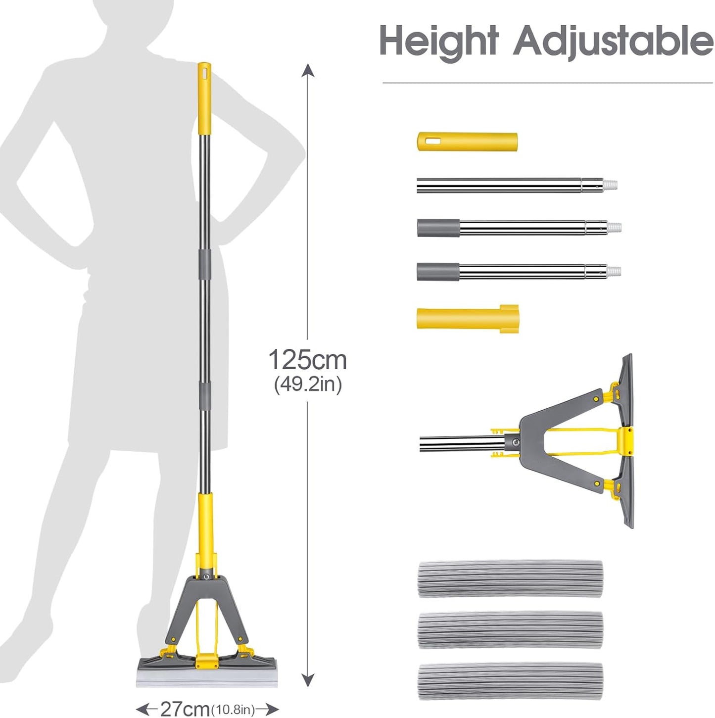 Sponge Mop,Masthome Roller Sponge Mop,Easy Self Squeeze Mop and Stainless Steel Handle,PVA Mops with 3 Absorbent Mop Refills for Home Use Tile Floor Bathroom Cleaning