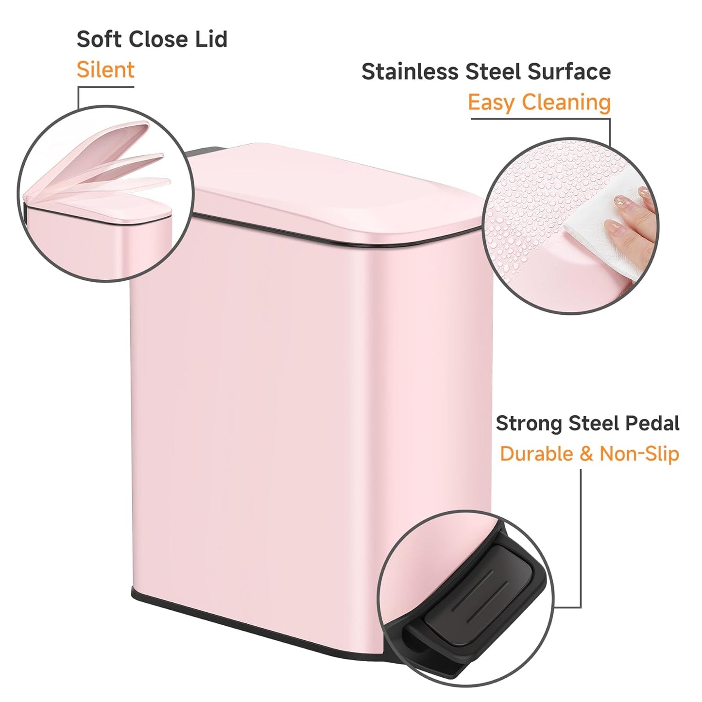 TIPGO Slim Bathroom Trash Can with Lid Soft Close, 6 Liter / 1.6 Gallon Stainless Steel Garbage with Removable Inner Bucket, Small Trash Bins for Bedroom, Office (Pink)