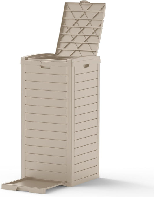 31 Gallon Outdoor Trash Can, Waterproof Resin Trash Can with Layered Lid and Drip Tray, Perfect for Patio, Backyard (Grey)
