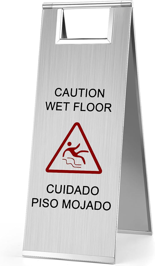 LEIFIDE Stainless Steel Wet Floor Caution Sign Bulk 8.8 Pound Portable Foldable Handle Bilingual Safety Sign for Kitchen Restaurant Supermarket Shop Commercial Use Avoid Fall and Slip Accident
