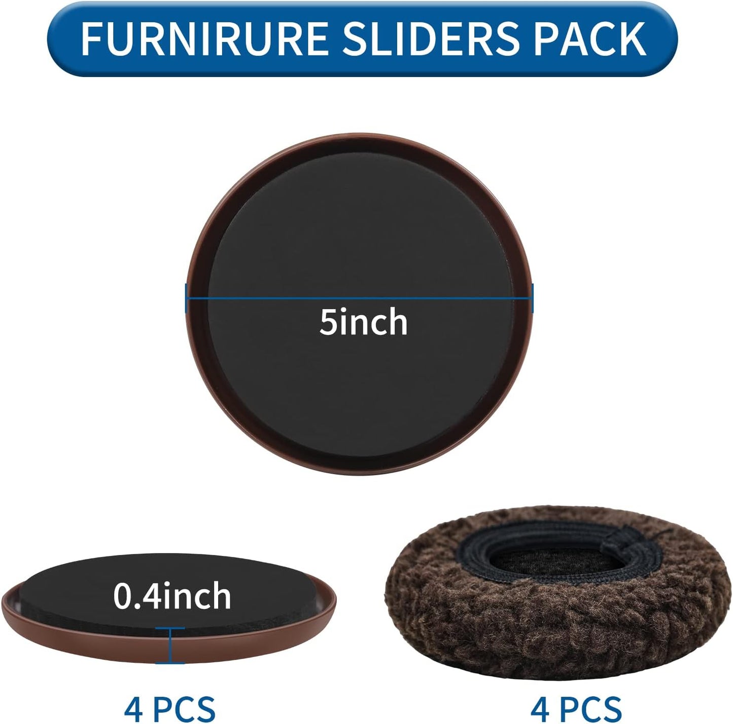 5" Furniture Sliders, 2-in-1 Furniture Movers Sliders with Hardwood Socks, 4+4 Pack - 4 Furniture Sliders for Carpet and 4 Hardwood Socks, Move Your Furniture Easily!