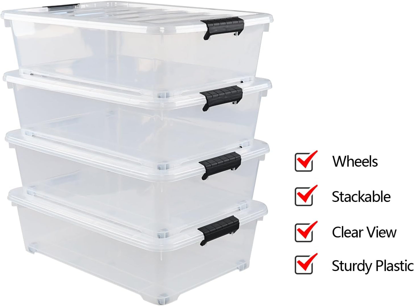 25 L Plastic Sturdy Rolling Under Bed Storage Container Bins, Clear Underbed Storage with Latching Lid and Wheels, 4 Packs