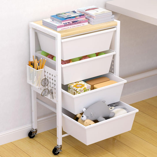 Rolling Cart with Drawers, Rolling Storage Cart with 4 Large Plastic Drawers & Wooden Tabletop, Utility Cart with Pegboards & Basket, Storage Drawers Cart for Living Room, Classroom, Bedroom, Office
