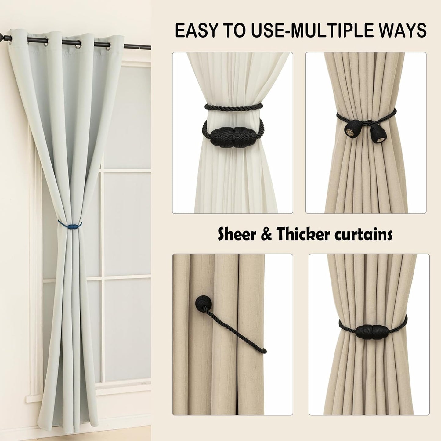 Magnetic Curtain Tiebacks - 2 Pack Rope Curtain Tiebacks for Drapes and Decorative Window Holdbacks, Black