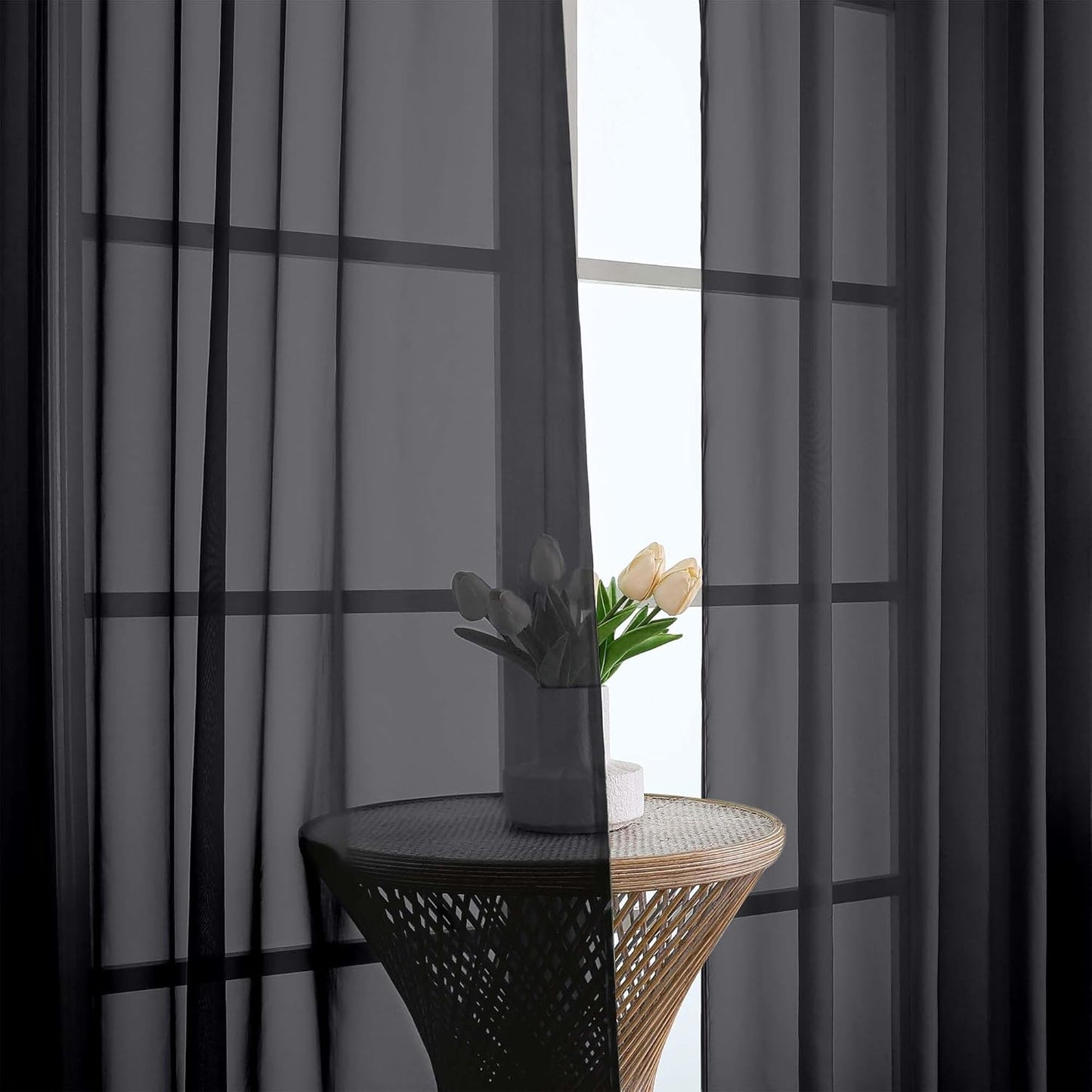 Chyhomenyc Extra Long Black Sheer Curtains 144 inch 2 Panels, Translucent Backdrop Window Scarf Drapes for Canopy Bed/Wedding/Living Room/Anniversary, 12FT Length, Each 59Wx144L in, 2PCS