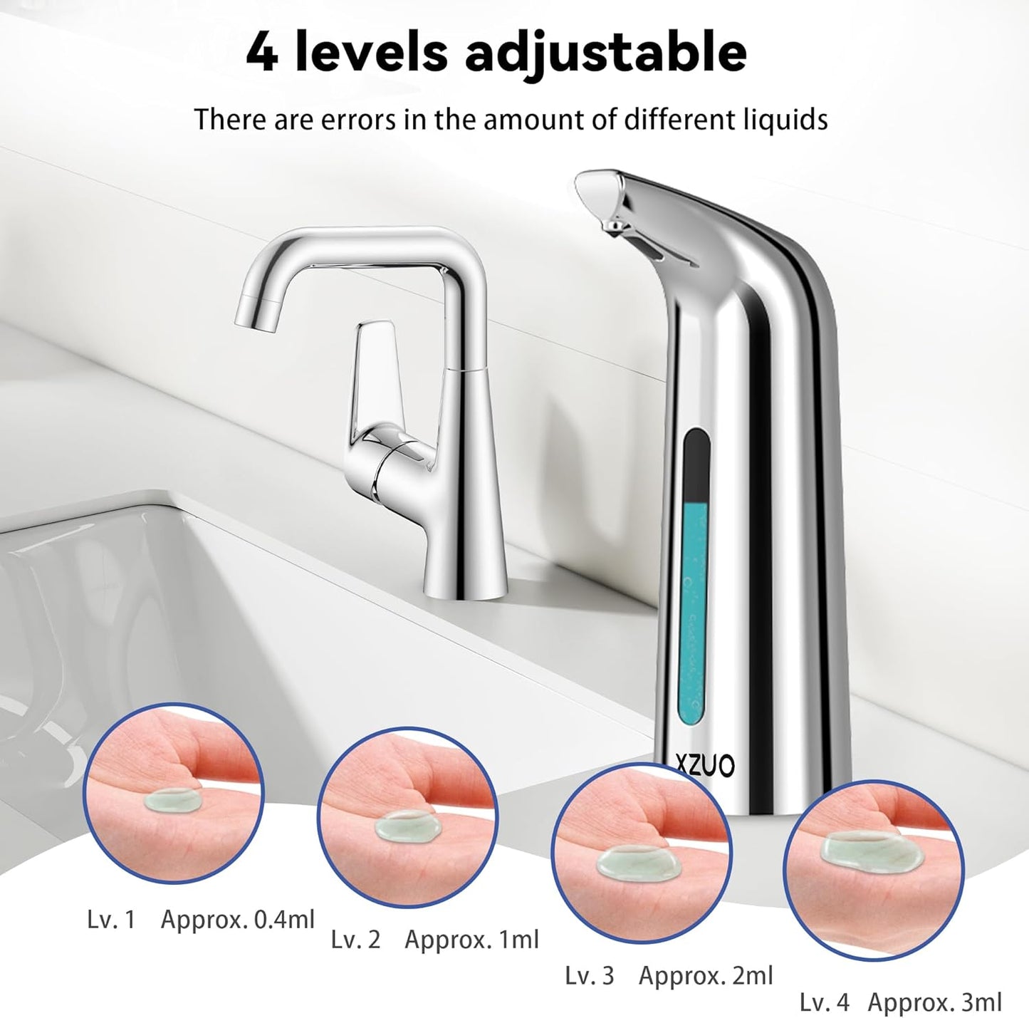 Automatic Soap Dispenser with Infrared Sensor - Adjustable 4-Level Touchless Hand Soap for Kitchen, Bathroom - Battery Operated Electric Dispenser, Durable Plastic, Smart Soap Holder (400ML Silver)