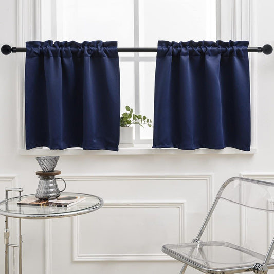 Cafe Kitchen Curtains 36 Inches Long 2 Panels, Blackout Tier Curtains with Rod Pocket, Short Black Out Curtain for Small Window, 42" Wide and 36" Length, Set of Two, Navy Blue