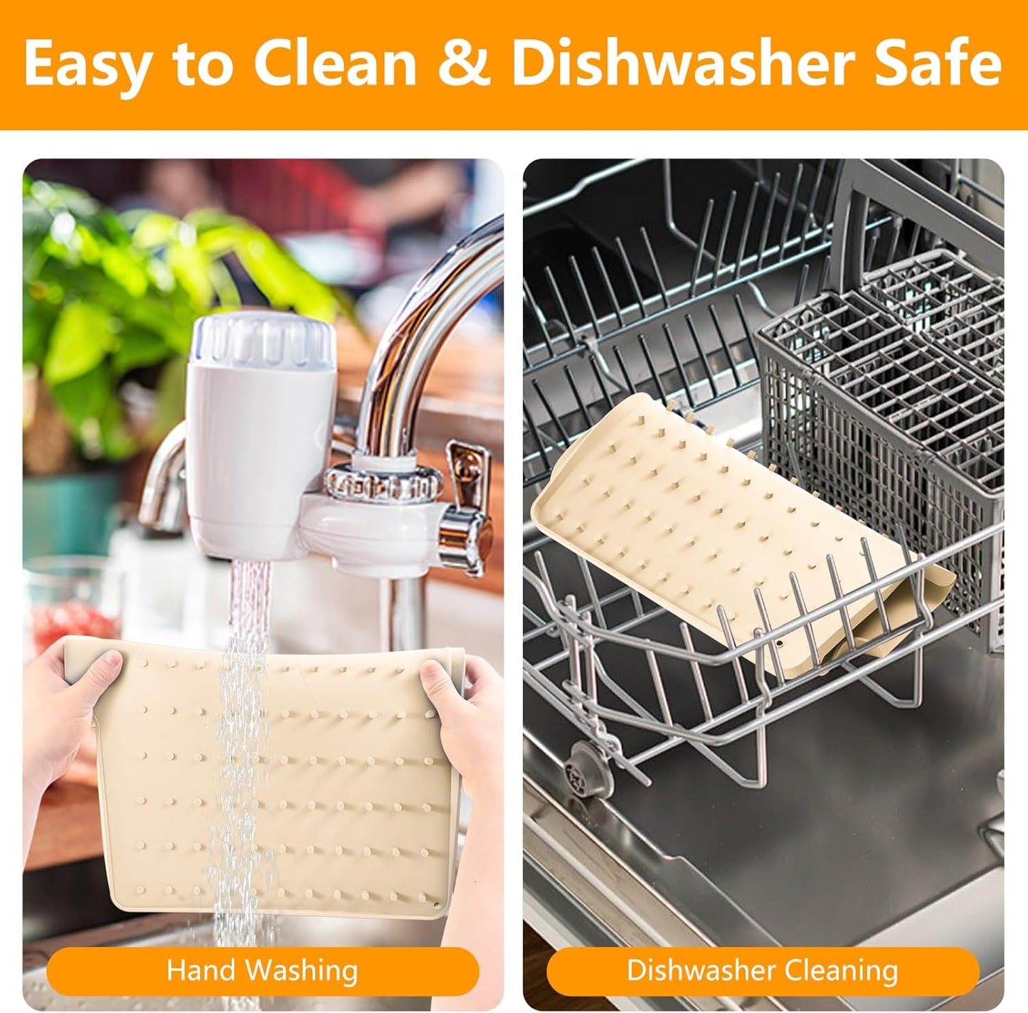 Silicone Dish Drying Mat for Kitchen Counter, Dish Drainer Mat, Non-Slip Drying Pad with Built-in Drain, Kitchen Drying Matt For Counter(18.9" x 11.8", Orange)