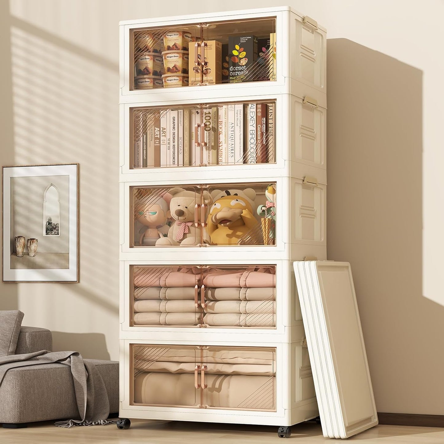 Storage Bins with 5 Lids, 92Qt Extra Large Collapsible Storage Bin with Golden Handles, 5 Packs Stackable Storage Bins with Wheels,Closet Organizers and Storage for Home, Office, Dorms