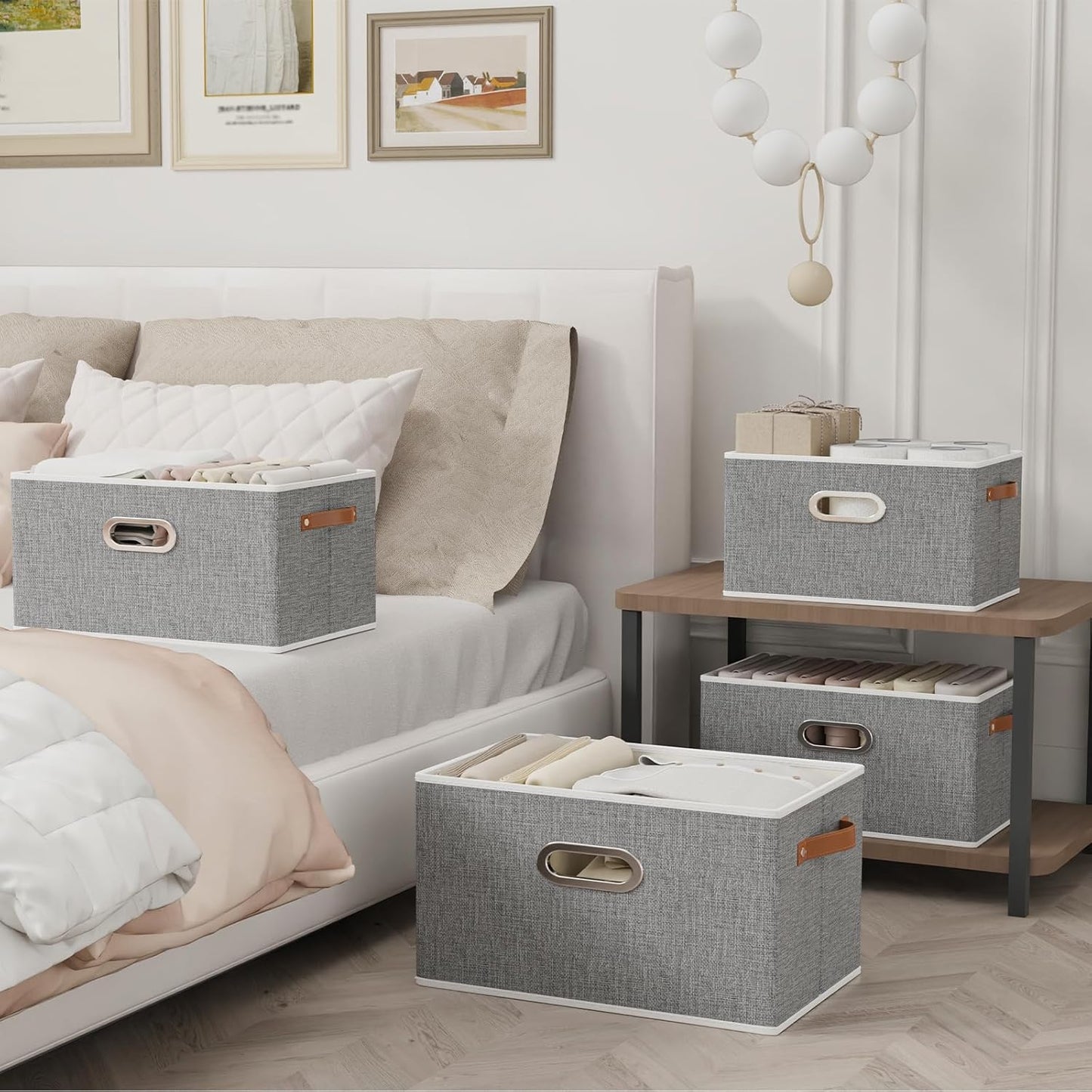 Yawinhe Foldable Storage Baskets for Shelves, Fabric Closet Organizers, Bins with 3 Handles, Cubes for Clothes, Grey, 15''Lx9.8''Wx8.3''H, 4-Pack