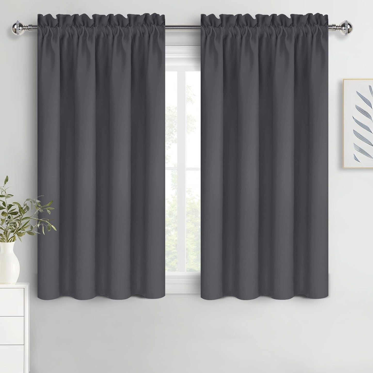 DWCN Kitchen Blackout Short Curtains for Bedroom 45 Inch Length 2 Panels Set, Solid Thermal Insulated Energy Saving Rod Pocket Window Treatment Curtains Blackout Draperies (W52 x L45 Inch, Dark Grey)