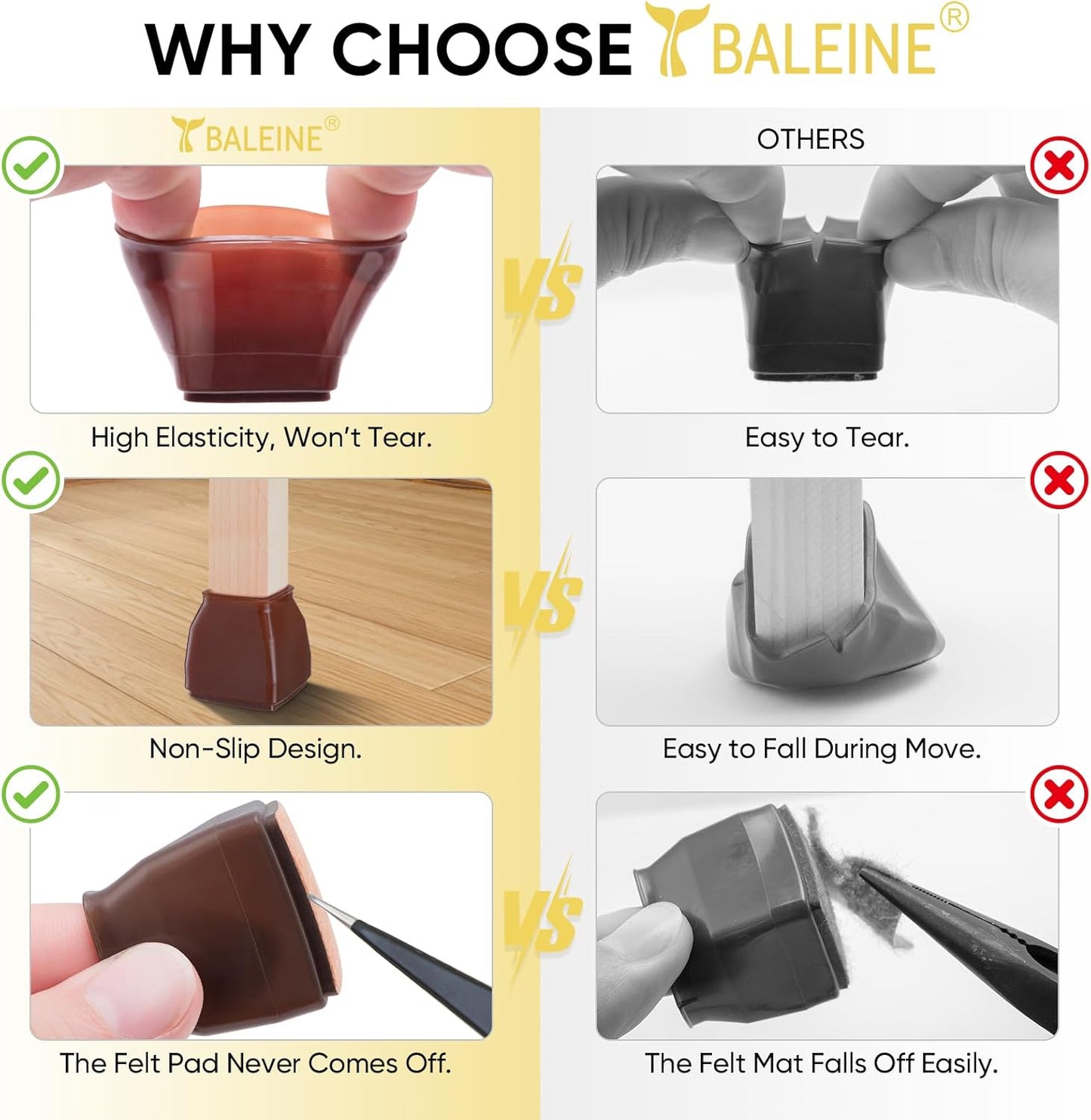 BALEINE 16 Pack Silicone Chair Leg Floor Protectors, Stool Leg Protectors Cap, Non-Slip Chair Leg Caps for Hardwood Floors (Brown & Small (Square), 16 Pack)