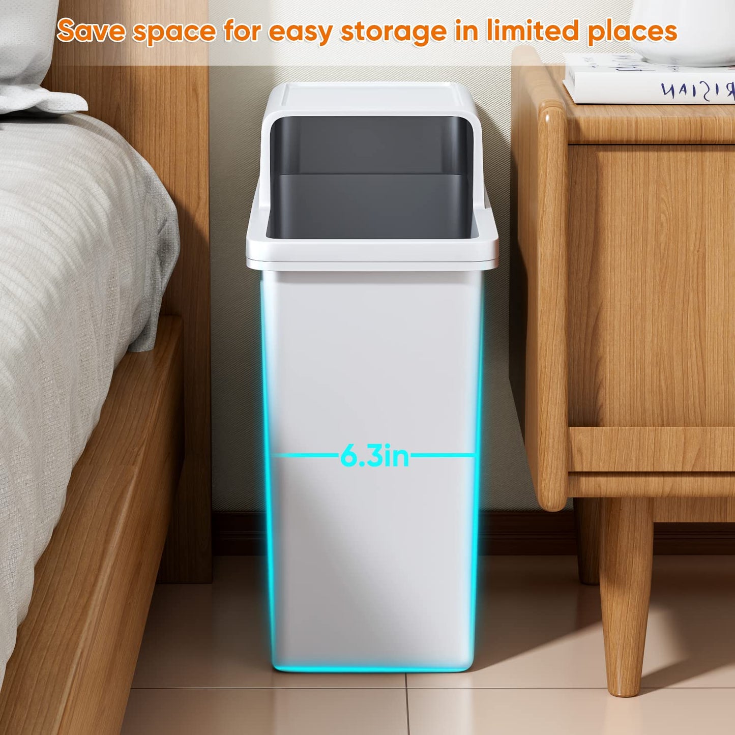 JOYBOS Bathroom Trash Can, Small Dogproof Garbage Can with Lid 14 Liter Slim Plastic Bin 4 Gallon Waste Basket for Bedroom Office Trashcan RV Narrow Place,White