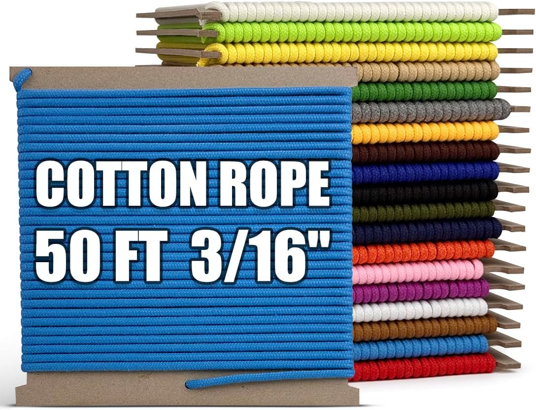 PerkHomy 500lb Cotton Rope 3/16" (5mm) 50 ft Multi Purpose Utility Diamond Braided Cord, Natural Cotton for Clothes Line Camping Crafting Flag Pole, Sky Blue