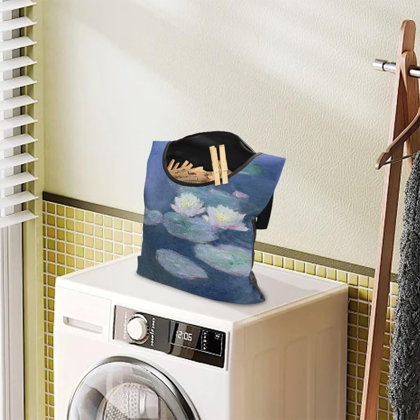 Outdoor Clothespin Storage Bag with Windproof Design - Monet Water Lilies Print Heavy Duty Polyester Hanging Organizer Pouch for Clothesline Pins - Large 14.5"x12" with Hanging Loop