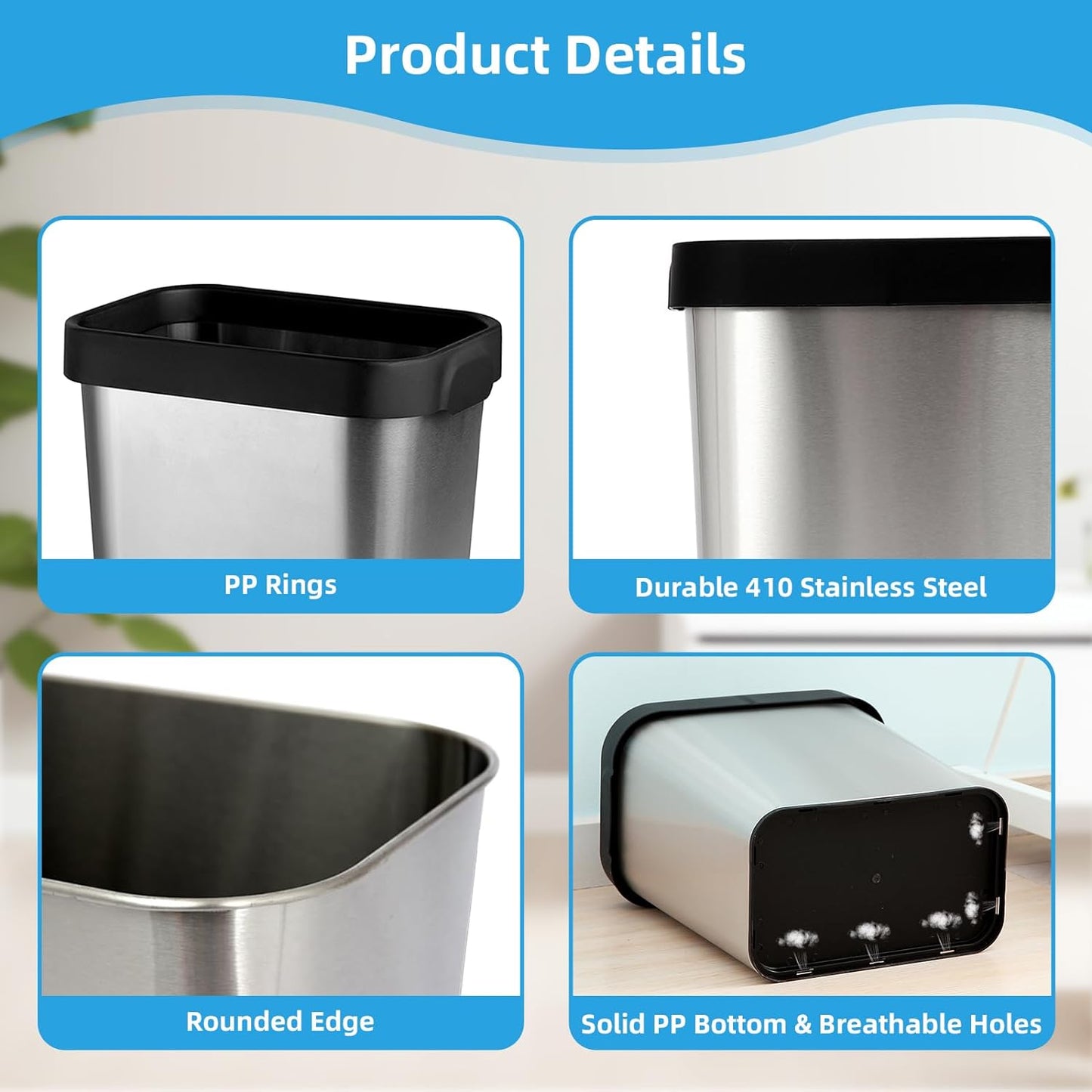 3 Pack Stainless Steel Trash Can 2 Gallon, Open Top Trash Can, 7" x 10" x 11", Rectangle Rubbish Bin, Slim and Narrow, No Lid Small Wastebasketfor Kitchen, Bathroom, Living Room, Office