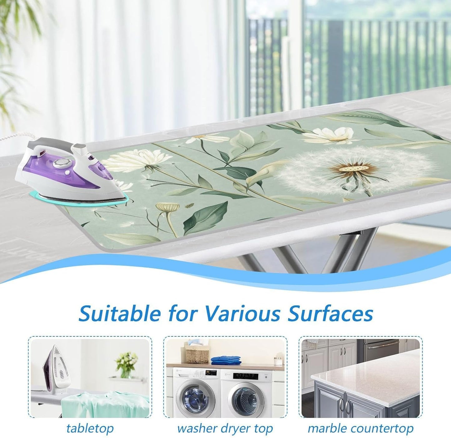 Ironing Mat Portable Ironing Pad Ironing Blanket for Table Top Heat Resistance Double-Side Using Travel Large 47.2 x 27.6 Inch Foldable Lightweight Sage Green Dandelions