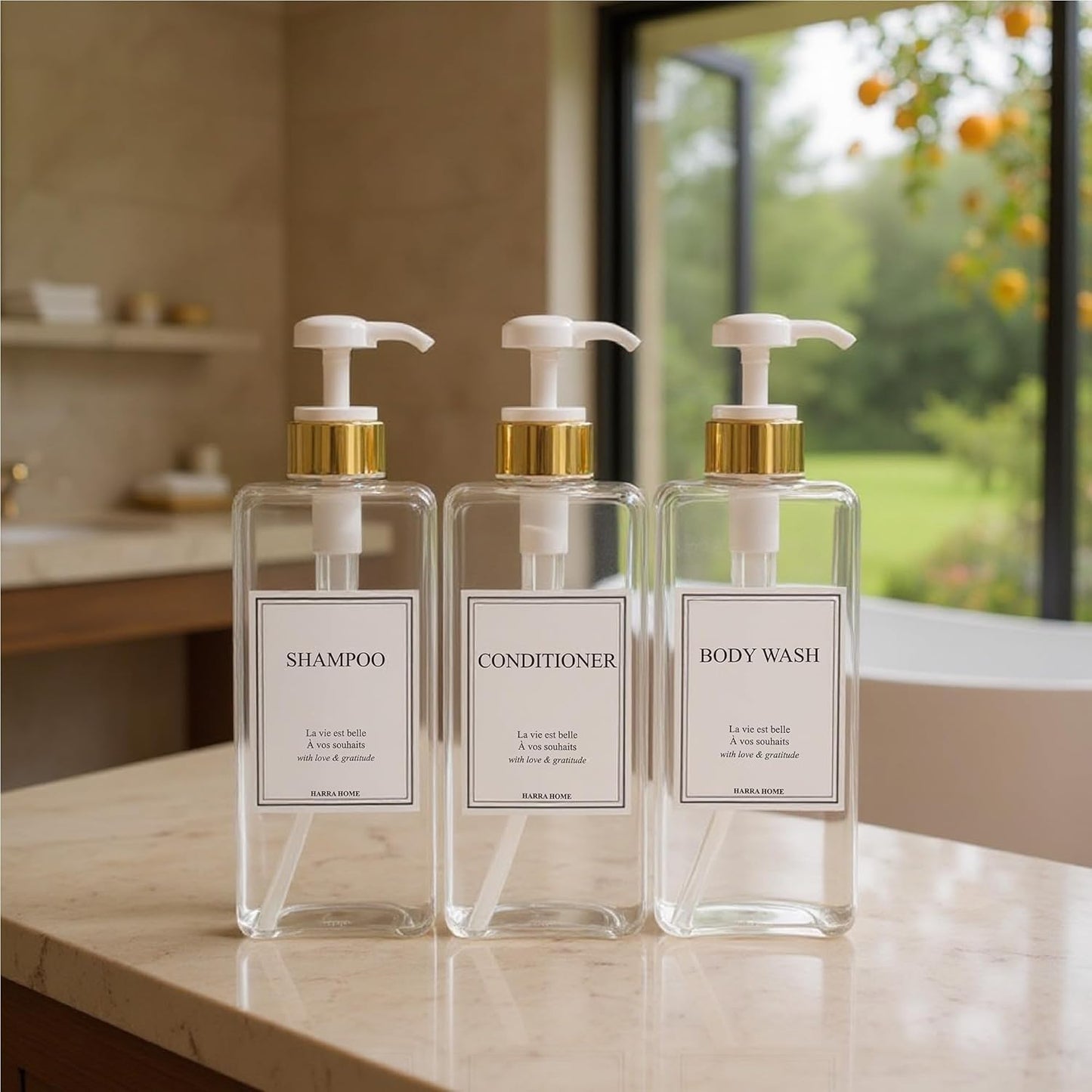 Modern Gold Design Large 27 oz Shampoo and Conditioner Dispensers - Empty Plastic Refillable Pump Bottle Set for Bathroom Shower Soap Dispenser, Set of 3 (Clear & White)