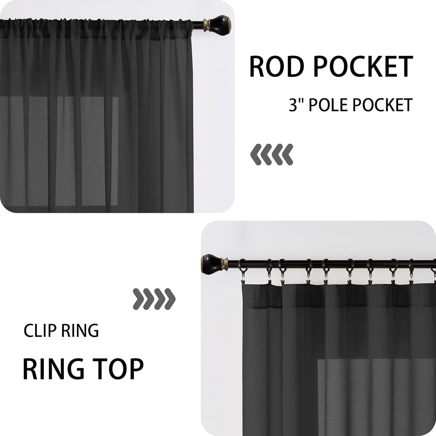 Tollpiz Sheer Door Curtains Closet Linen Textured Curtains Sheer Doorway Light Filtering Voile Rod French Door Pocket Curtain Patio Glass Door, 25 x 72 inches Long, Black, Set of 1 Panel