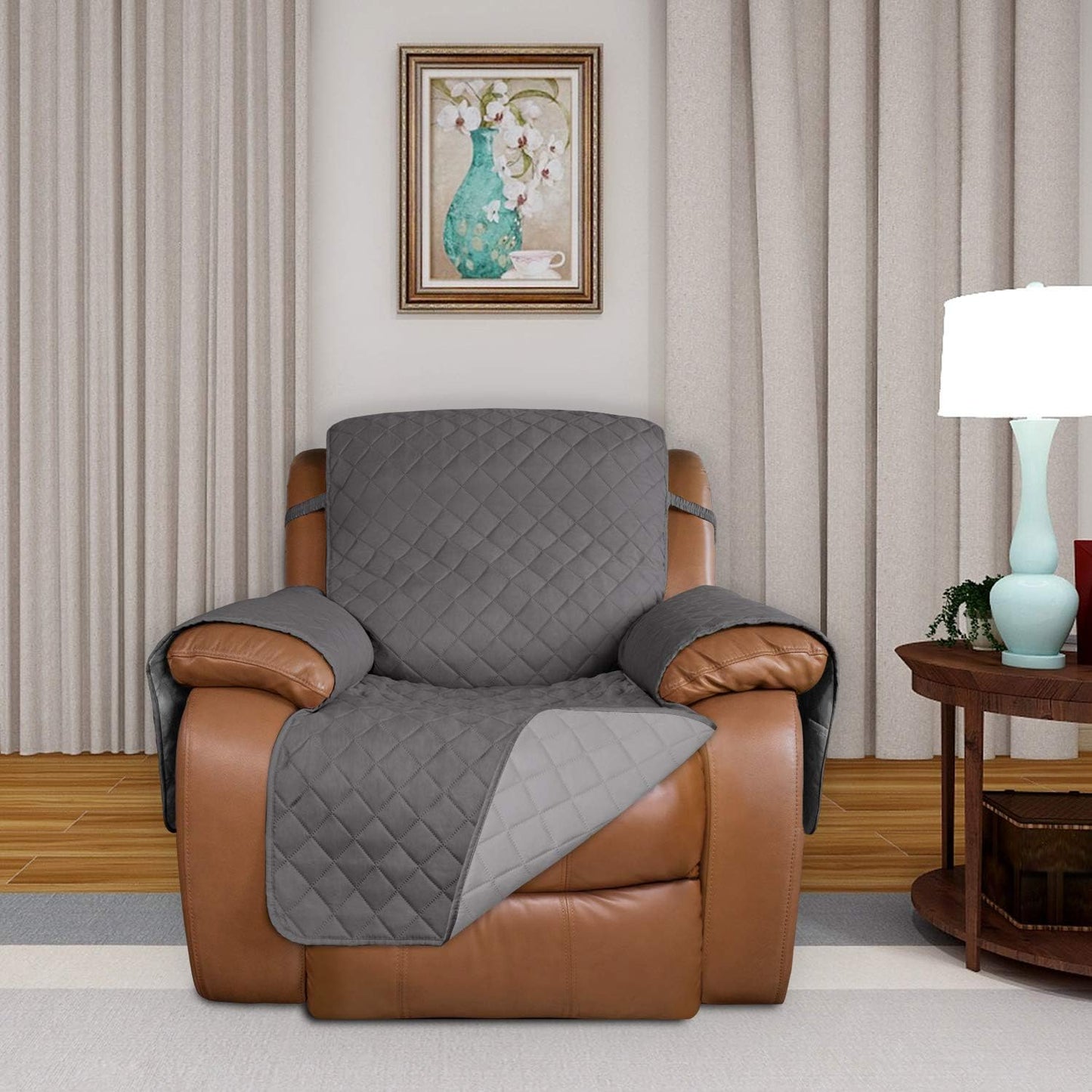 PureFit Reversible Quilted Sofa Cover, Water Resistant Slipcover Furniture Protector, Washable Couch Cover with Non Slip and Elastic Straps for Kids, Dogs, Pets (Oversized Recliner, Gray/Light Gray)