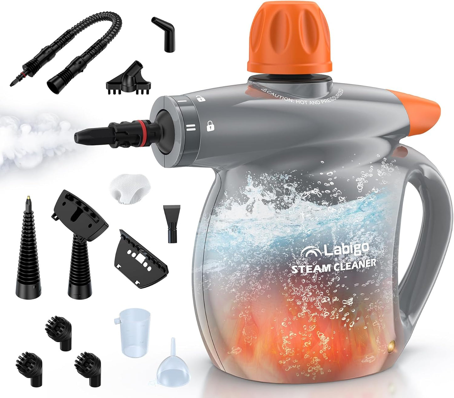 LABIGO Steam Cleaner, Pressurized Handheld 13pcs Multi-Purpose Natural Deep Cleaning Steamer, Portable Steamer for Cleaning Home, Grout, Kitchen, Car, Window, Upholstery, Bathroom and Clothes, Gray