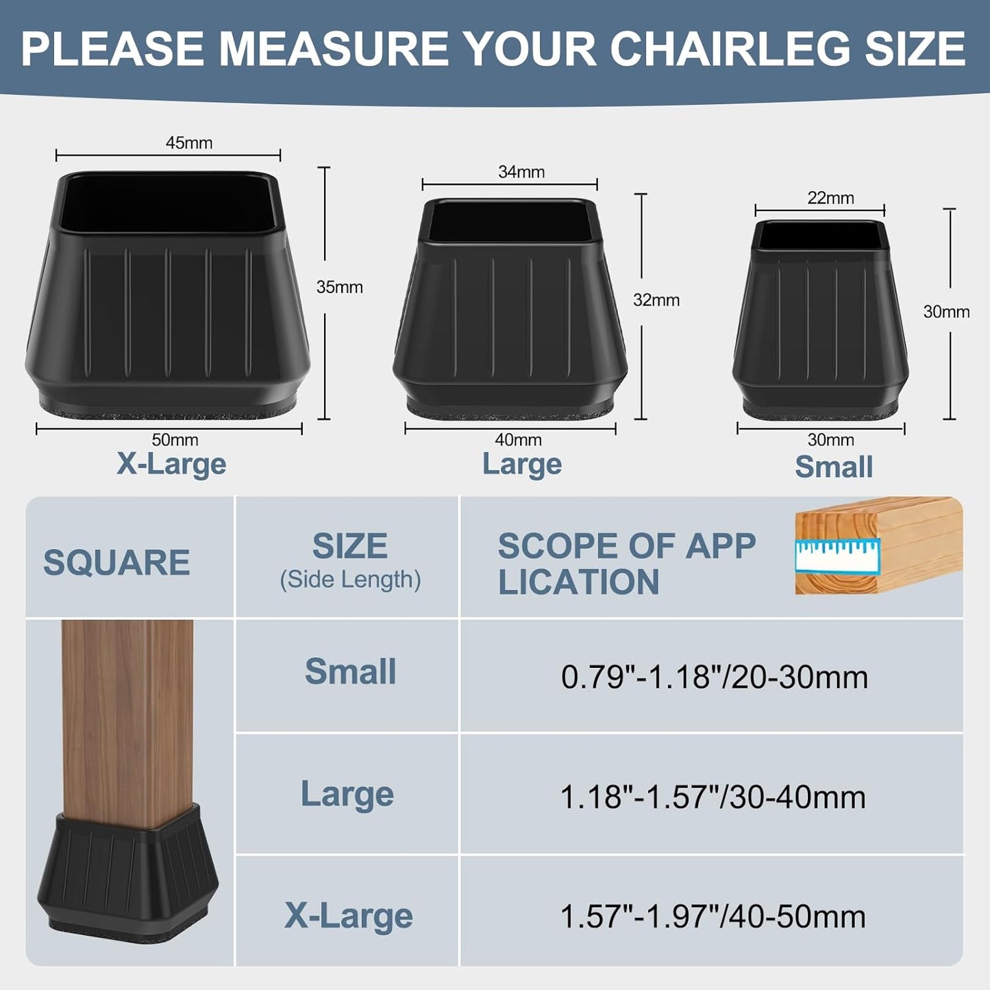 24PCS Square Chair Leg Floor Protectors for Hardwood Floors, Thicken Rubber Chair Leg Cap Covers, Non Slip Furniture Leg Pads to Protect Wood Tile Floors from Scratches and Reduce Noise