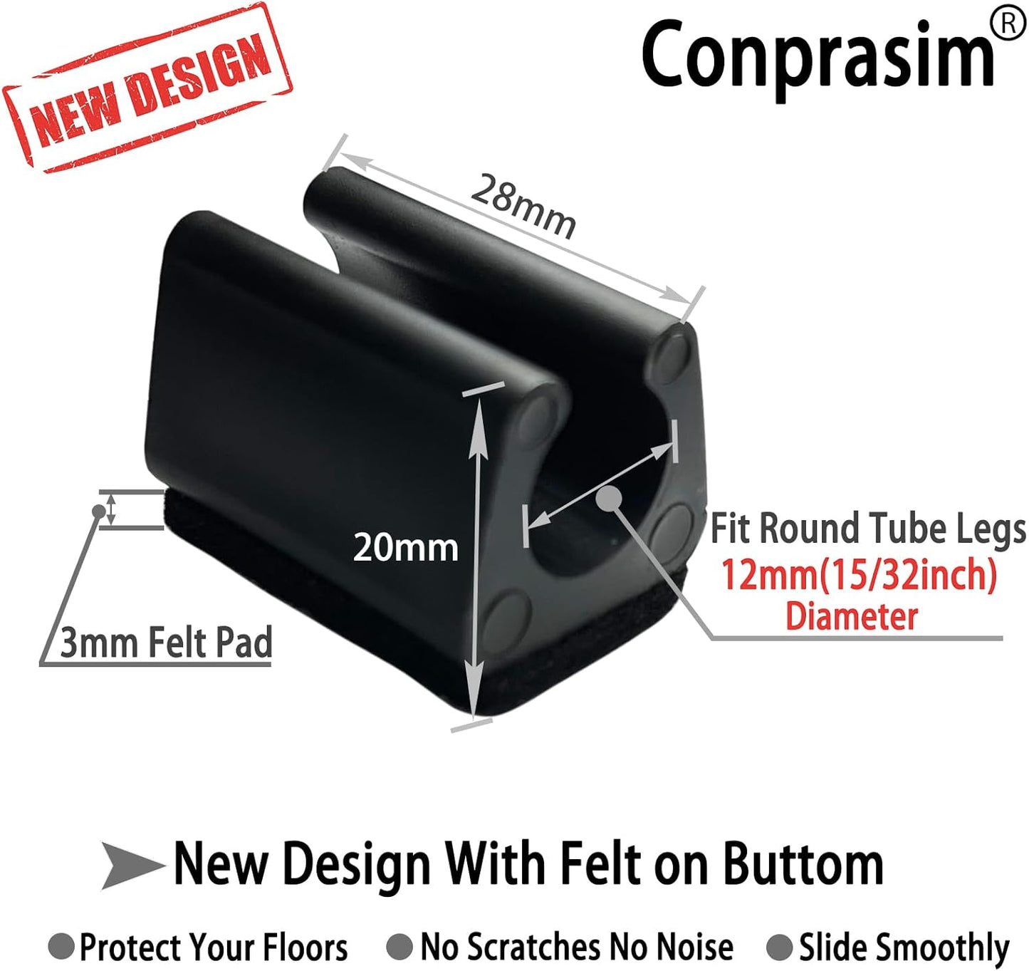 Rectangle U Shaped Chair Leg Tips Caps with Felt Pads,Furniture Feet Protector Slide Smoothly Glides No Scratches No Noise Protect Hardwood Floor,Fit 12mm(15/32inch) Diameter Tubular Leg (Black 8PCS)