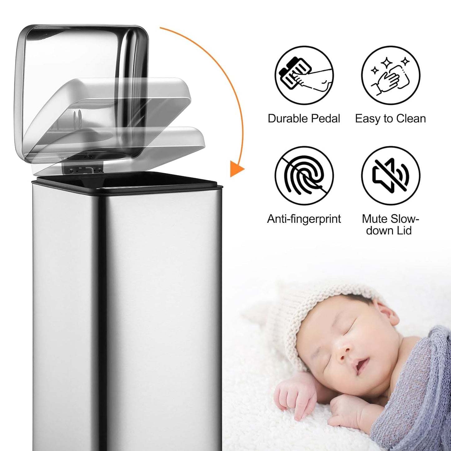 TrailBlaze 8Gallon / 30L Kitchen Trash Can, Stainless Steel Rectangular Pedal Recycle Bin with Soft-Close Lid, Removable Inner Bucket, Fingerprint-Proof, Step Trash Can for Home, Kitchen