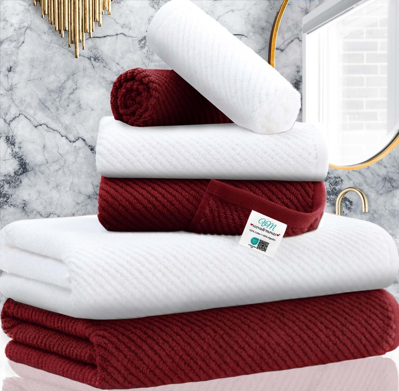 VOOVA & MOVAS Towels Bathroom Set - 100% Cotton | Quick Dry | Soft | Thick, Towel Set of 6, 2 Large Bath 30"x56", 2 Hand 18"x28", 2 Wash Cloths 13"x13", Bathroom Essentials, Burgundy Red and White
