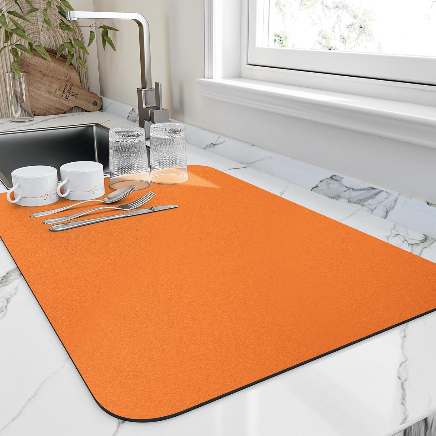 Dish Drying Mat for Kitchen Counter, Heat Resistant Drainer Mats with Non-slip Rubber Backed, Hide Stain Kitchen Super Absorbent Draining Mat, Easy to Clean Dish Rack Pad, Orange 18"x32"