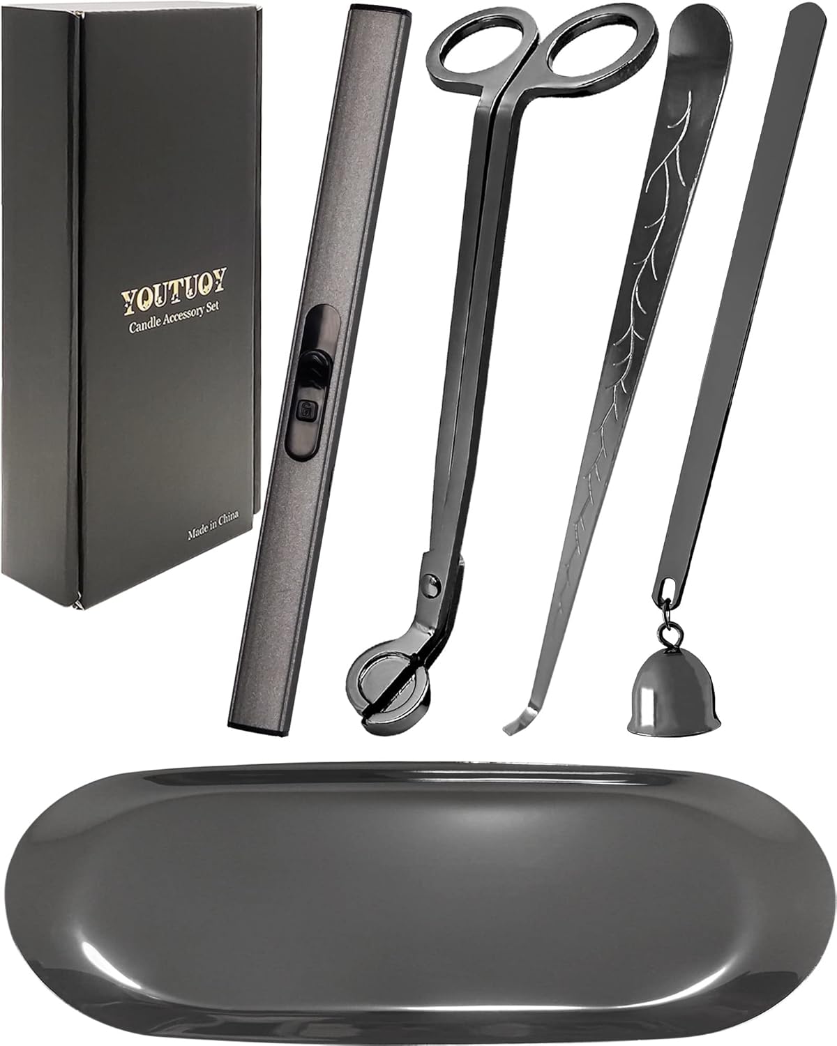 5 in1 Candle Accessory Set with Rechargeable Candle Lighter, Candle Wick Trimmer, Candle Wick Snuffer, Candle Wick Dipper, Storage Tray Plate, Candle Care Kit (Silver Black)