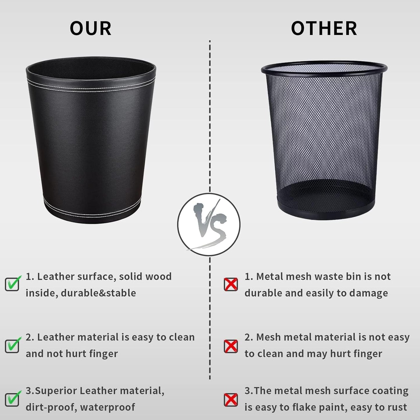 Pu Leather Trash Can, 2.6 Gallon Black Bathroom Trash Can, Small Office Garbage Can Wastebasket for Bedroom, Kitchen, Round Trash Bin Decorative Under-Sink/Desk/Home Easy to Clean