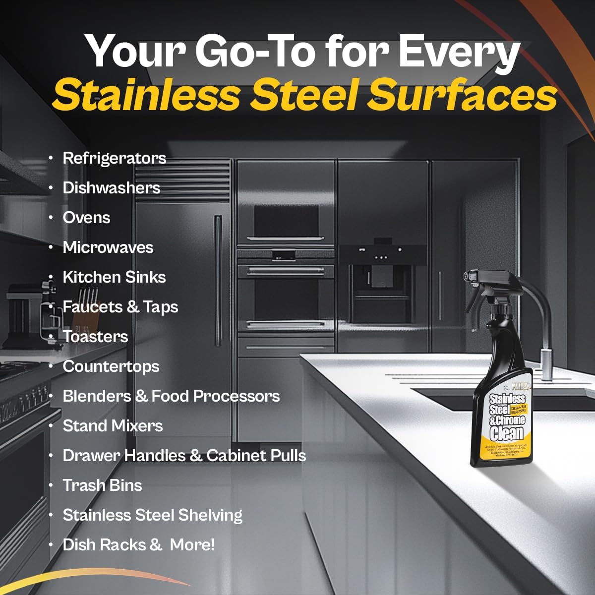 FLITZ Stainless Steel & Chrome Clean - 8oz Bottle, USA-Made Stainless Steel Cleaner Spray for Appliances - Grill, Fridge, Sink Stain Remover - Also Works on Aluminum Surfaces (1 Pack)