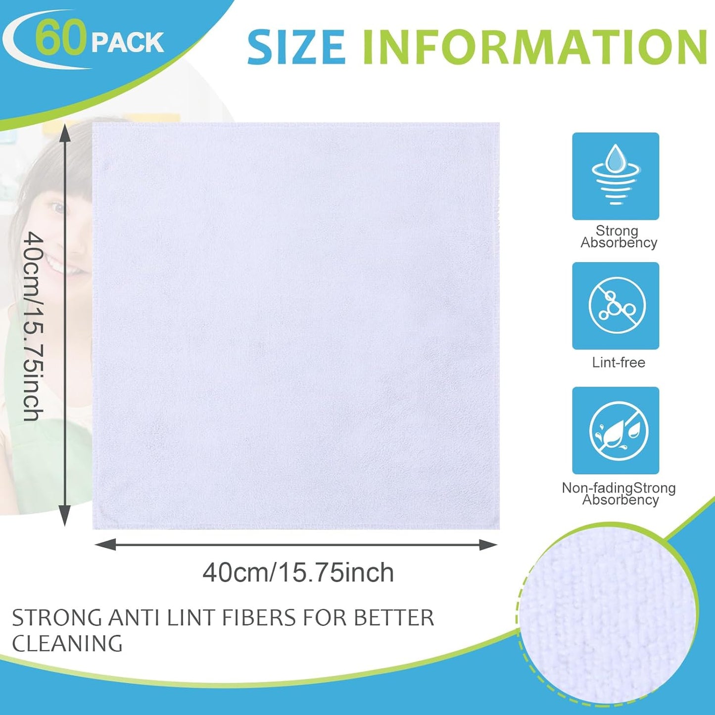 Nuenen Microfiber Cleaning Cloths for Cars 16 x 16 Inch Ultra Absorbent Car Towels Drying Reusable Cleaning Supplies House Kitchen Window Microfiber Towel(White,60 Pcs)