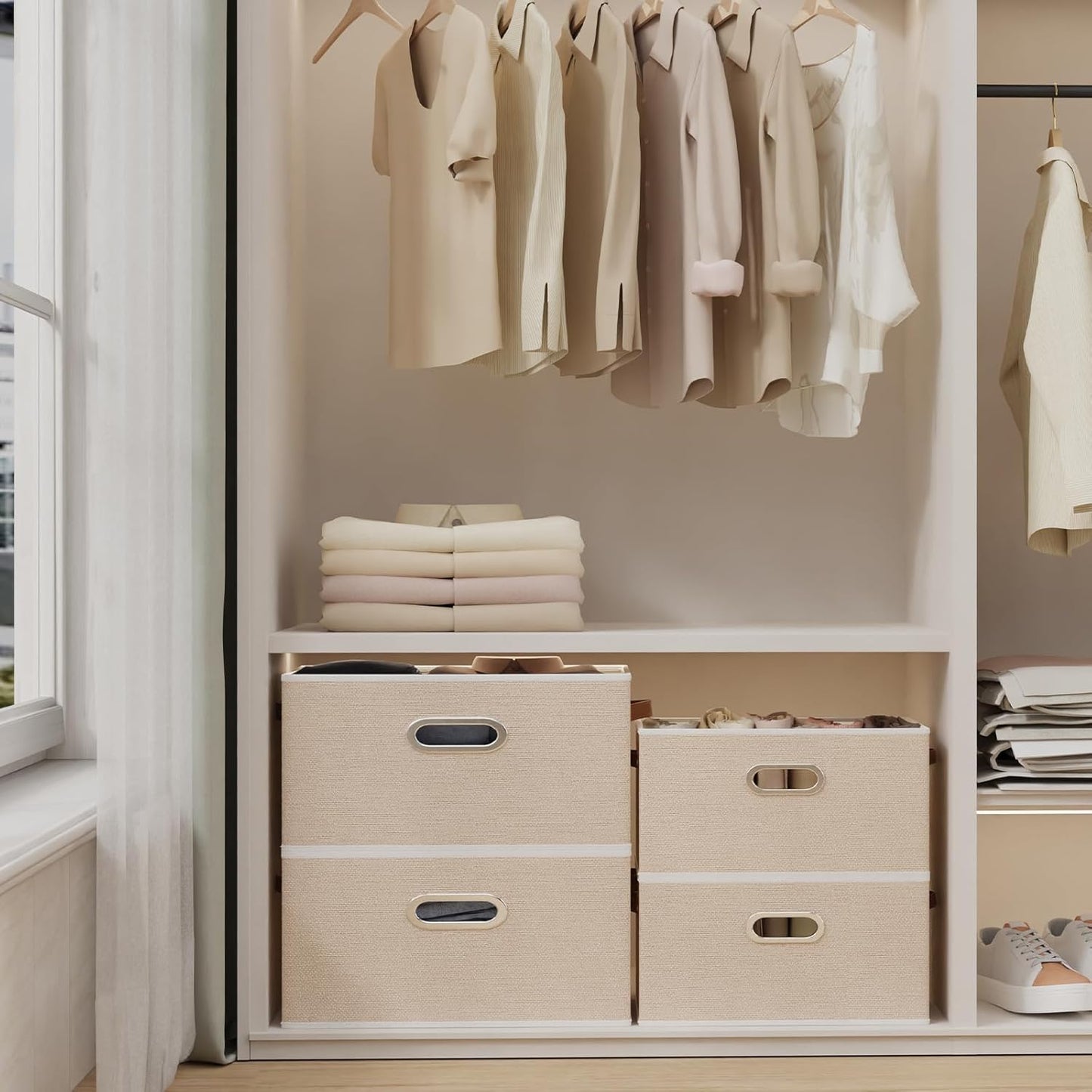 Yawinhe Foldable Storage Baskets for Shelves, Fabric Closet Organizers, Bins with 3 Handles, Cubes for Clothes, Beige, 15''Lx9.8''Wx8.3''H, 6-Pack