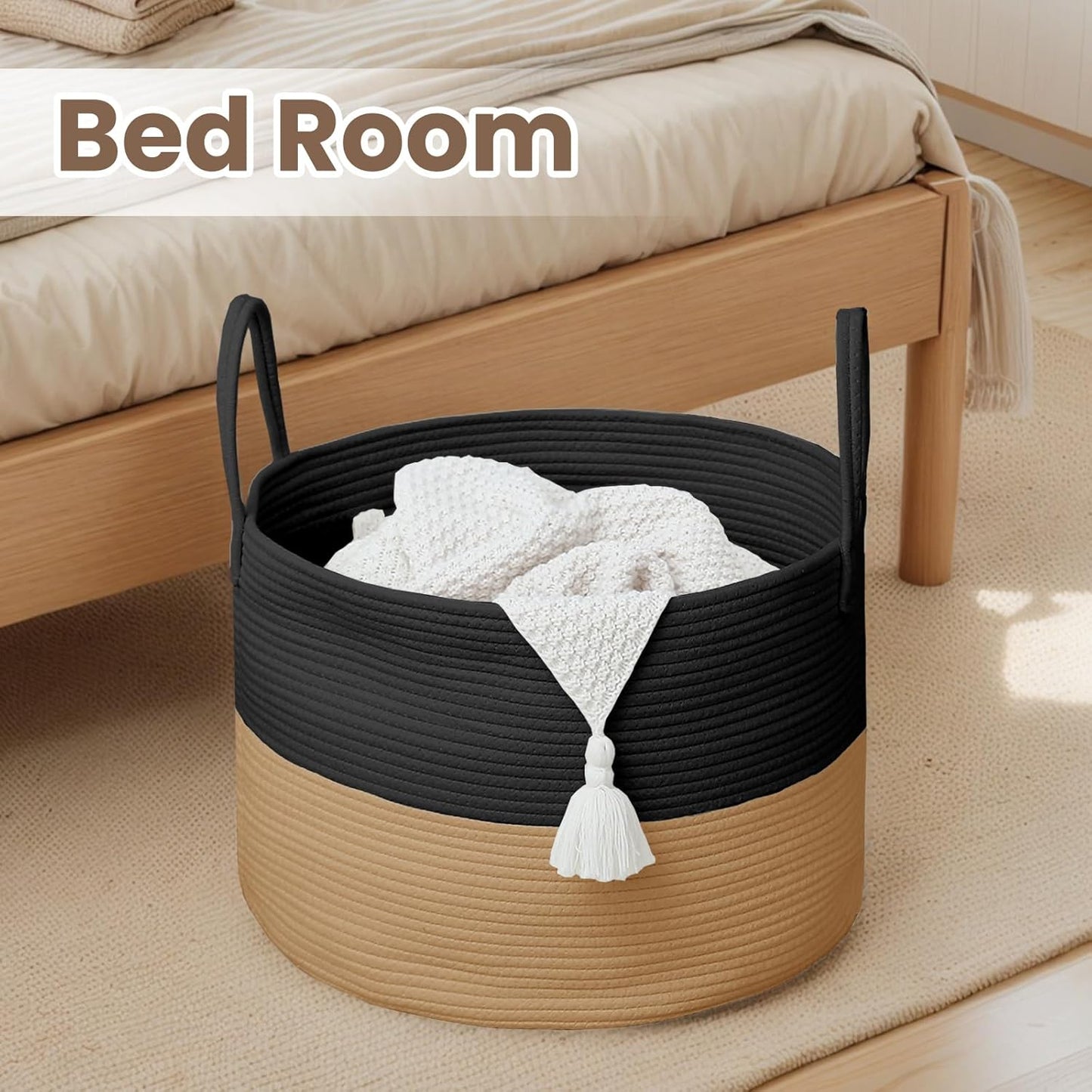 Woven Blanket Basket,65L Large Rope Storage Bin with Handles, Organizer for Blankets Toys Book and Clothes, Laundry Basket for Living Room Bedroom Nursery,Black&Jute