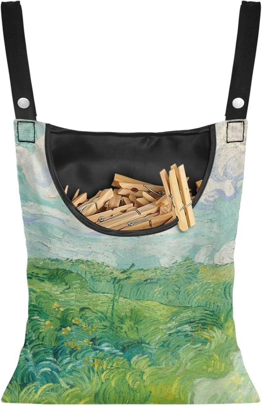 Green Wheat Field Print Windproof Clothespin Holder Bag for Outdoor Use - Durable Storage Organizer with Secure Closure - Hanging Clothes Pin Bag for Laundry & Drying Lines
