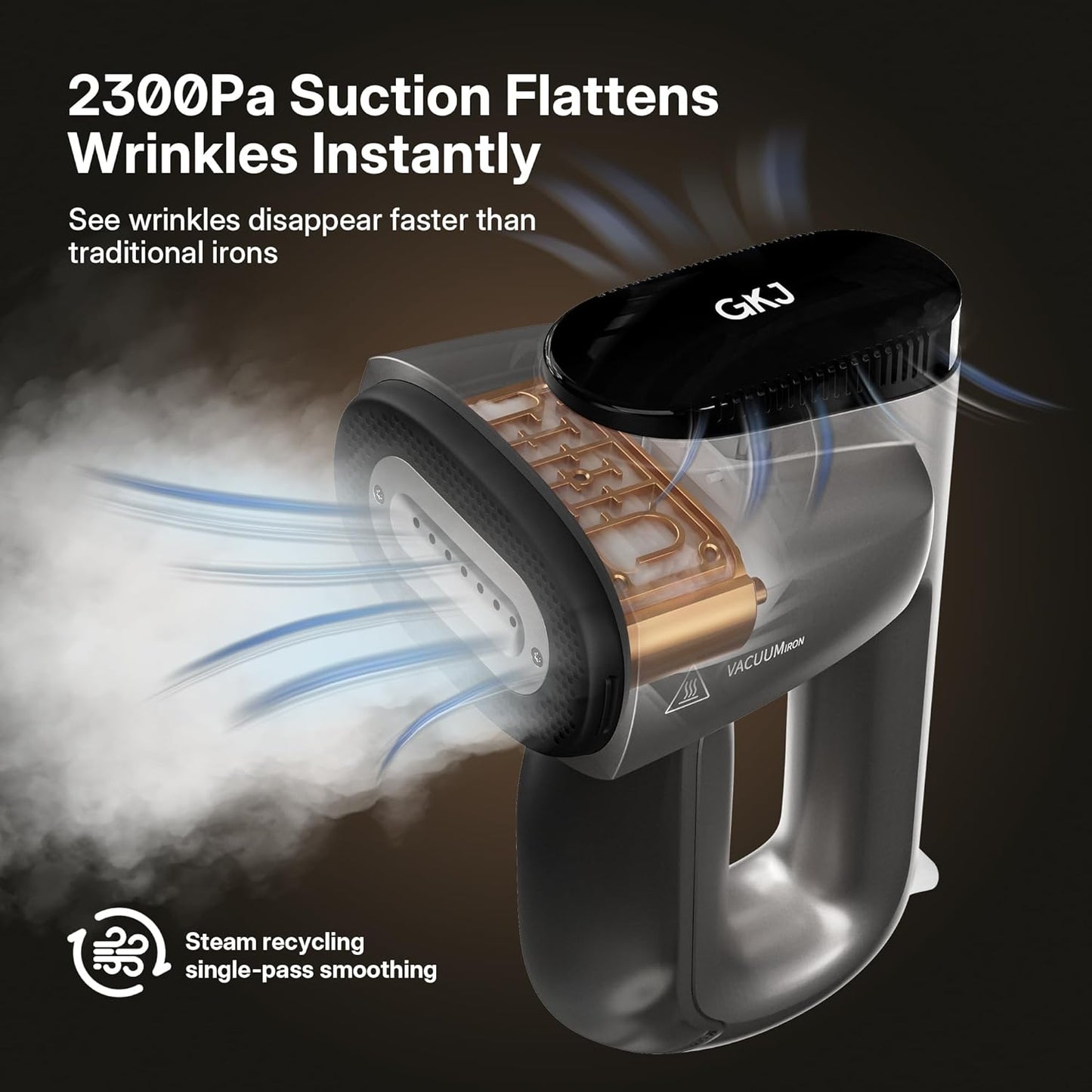 GKJ Steamer for Clothes, Handheld Vacuum Steamer 2300 Pa Suction, Portable Travel Steamers for Clothes, Steaming & Ironing 2 In 1, Auto-Grip, Removes Wrinkle